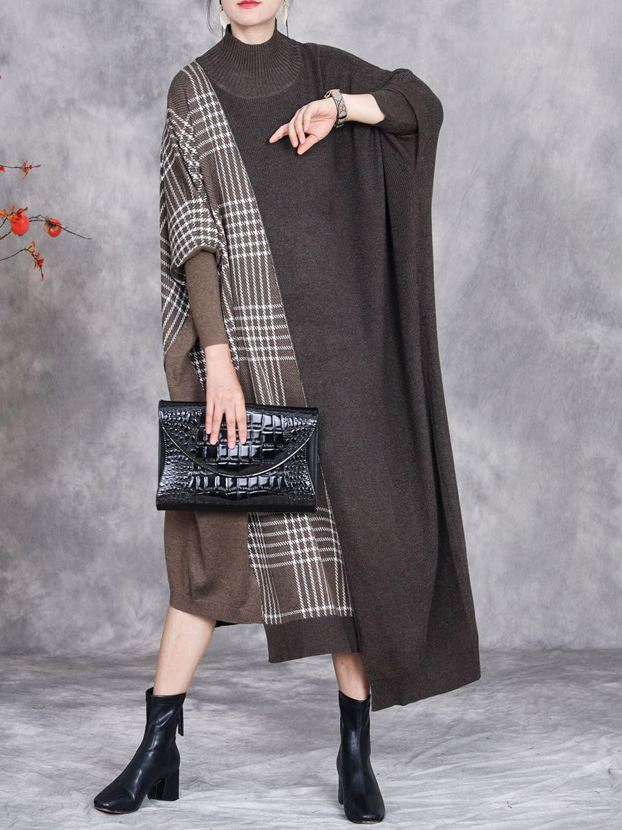 Women Autumn Artsy Plaid Irregular Spliced Knit Dress