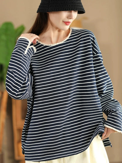 Women Autumn Stripe Lacwork Collar O-Neck Cotton Blouse