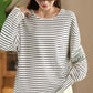 Women Autumn Stripe Lacwork Collar O-Neck Cotton Blouse