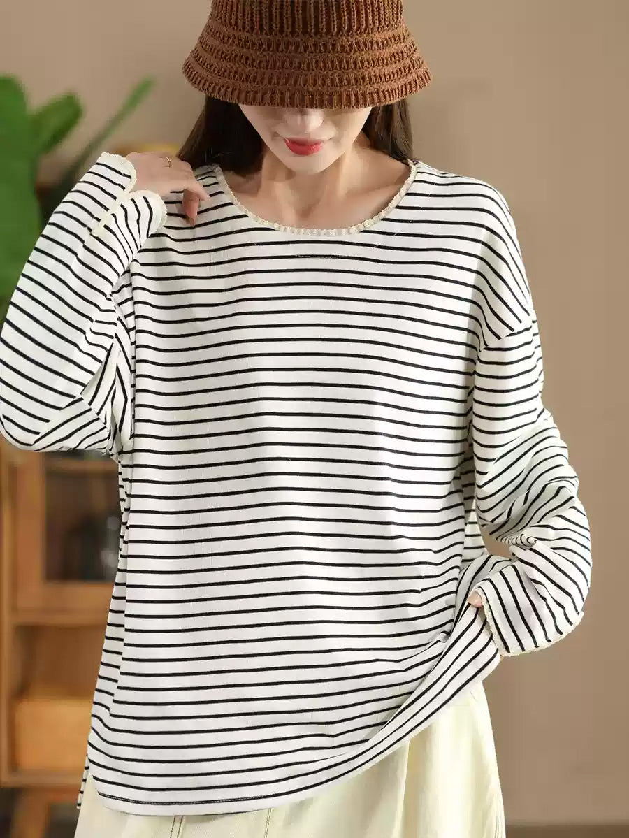 Women Autumn Stripe Lacwork Collar O-Neck Cotton Blouse