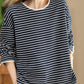 Women Autumn Stripe Lacwork Collar O-Neck Cotton Blouse