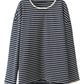 Women Autumn Stripe Lacwork Collar O-Neck Cotton Blouse