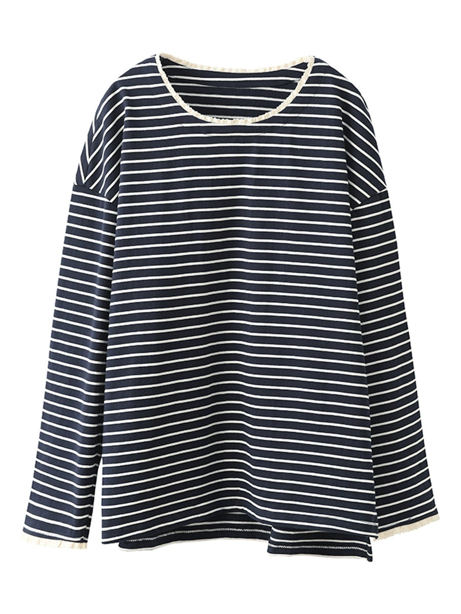 Women Autumn Stripe Lacwork Collar O-Neck Cotton Blouse