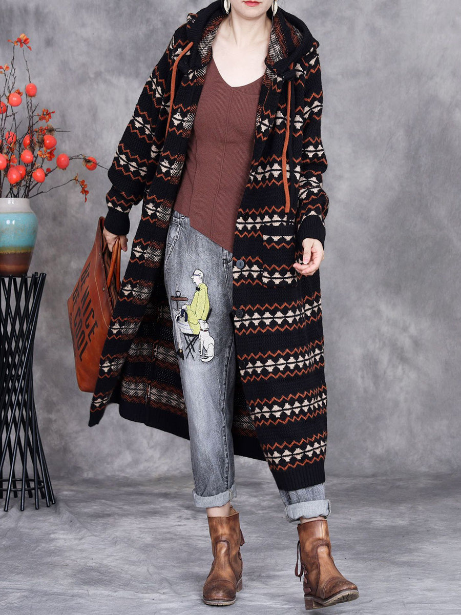 Women Autumn Artsy Stripe Knitted Hooded Cardigan Coat