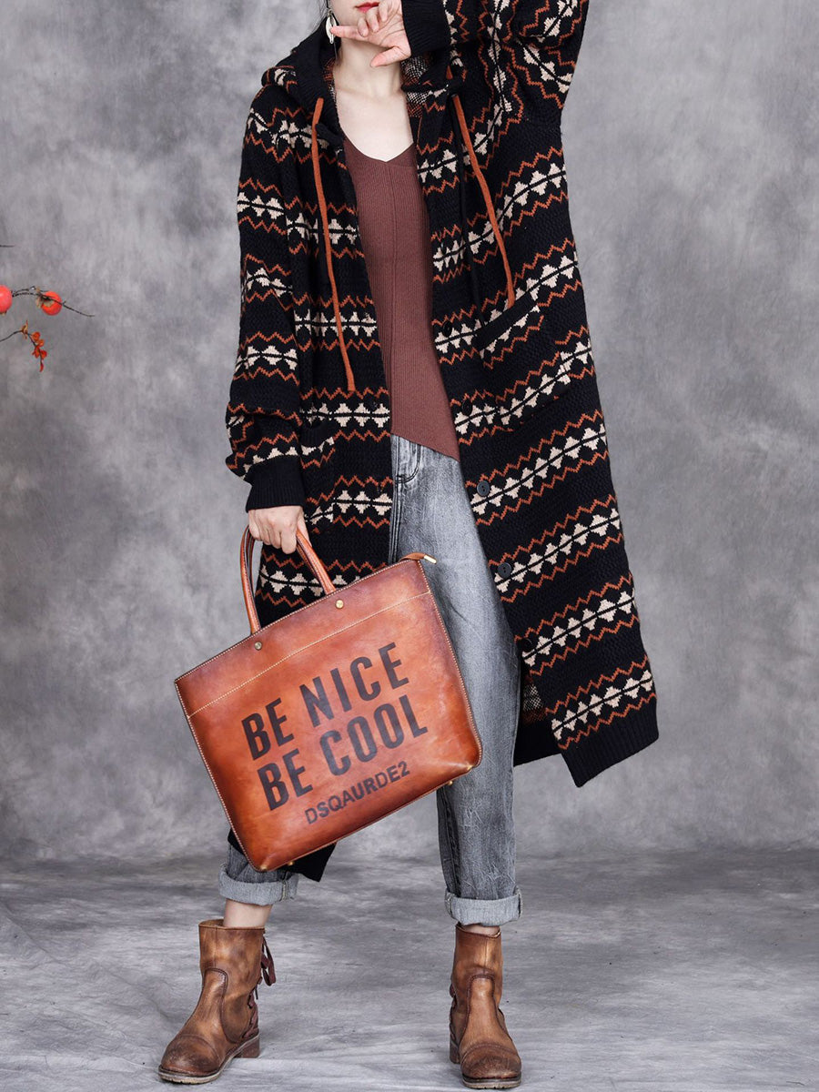 Women Autumn Artsy Stripe Knitted Hooded Cardigan Coat