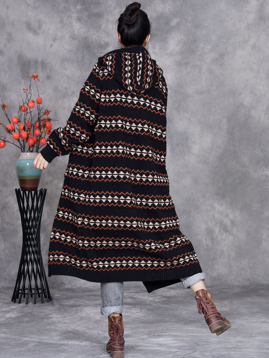 Women Autumn Artsy Stripe Knitted Hooded Cardigan Coat