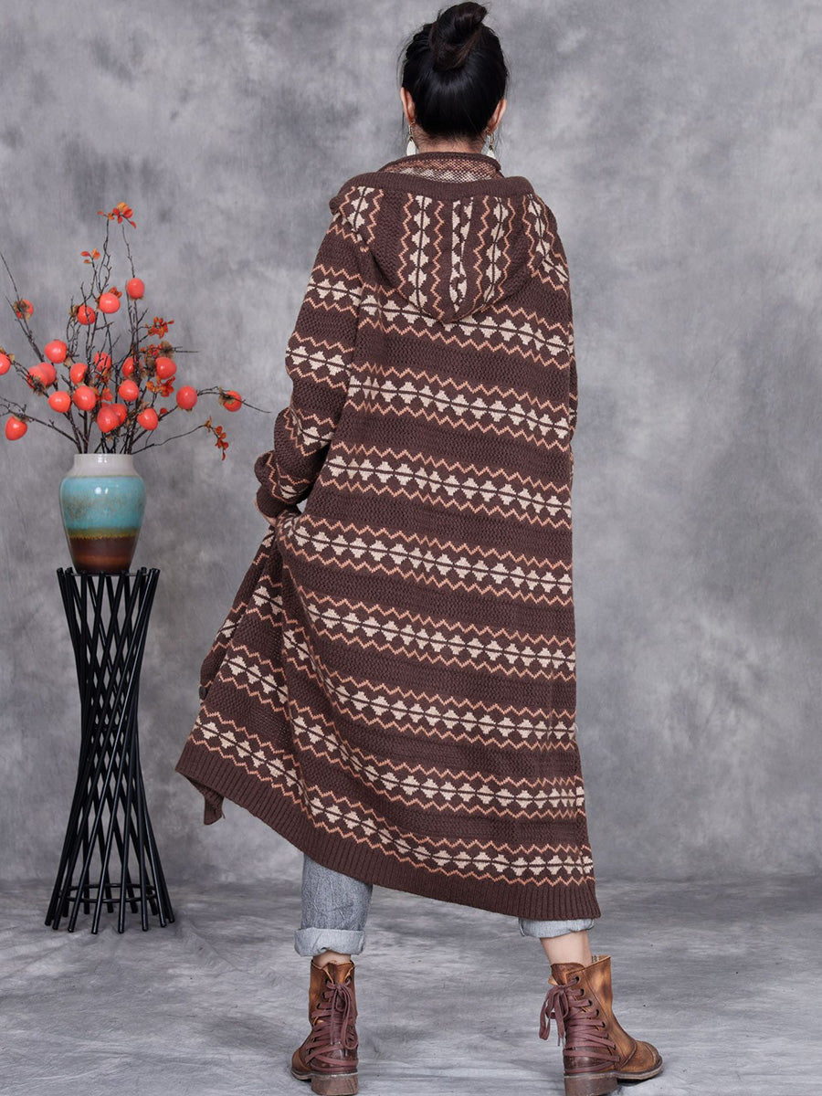 Women Autumn Artsy Stripe Knitted Hooded Cardigan Coat