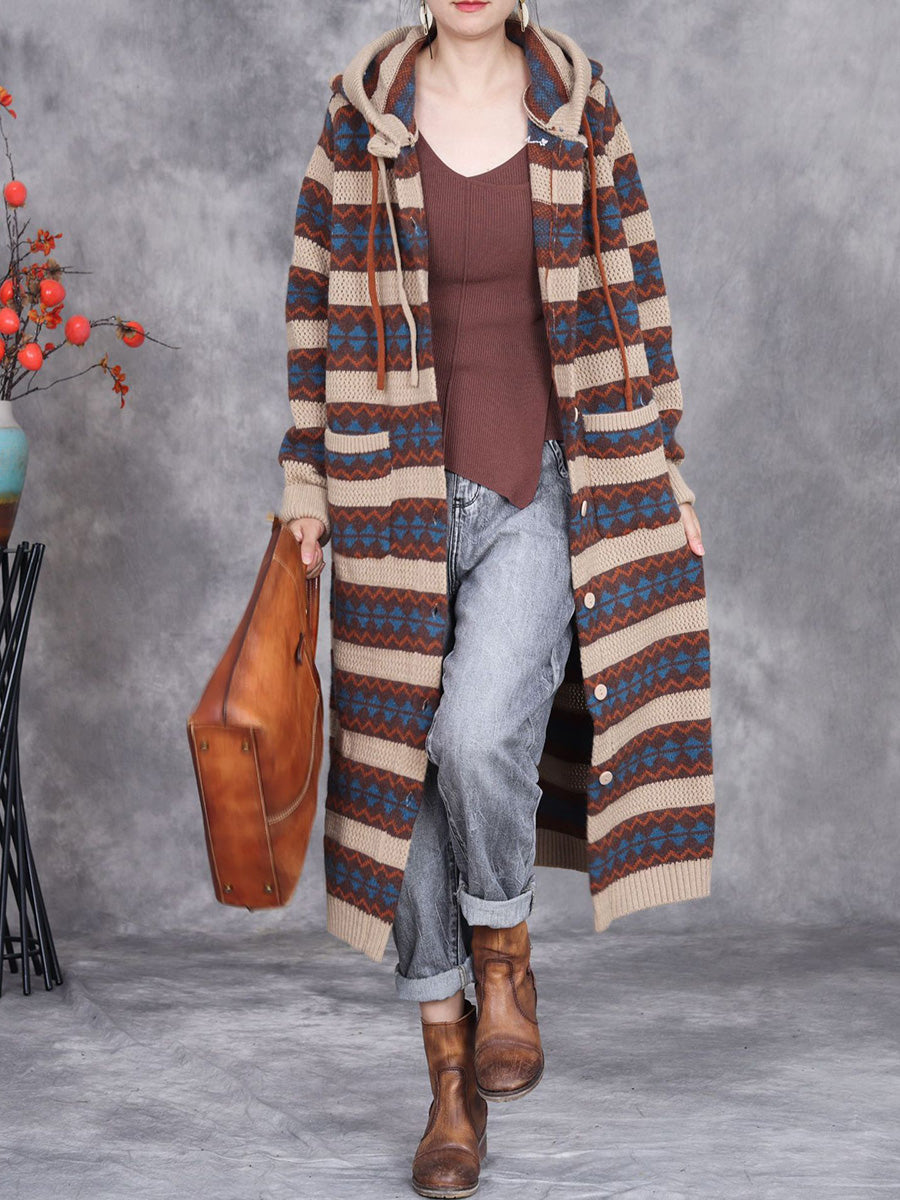 Women Autumn Artsy Stripe Knitted Hooded Cardigan Coat