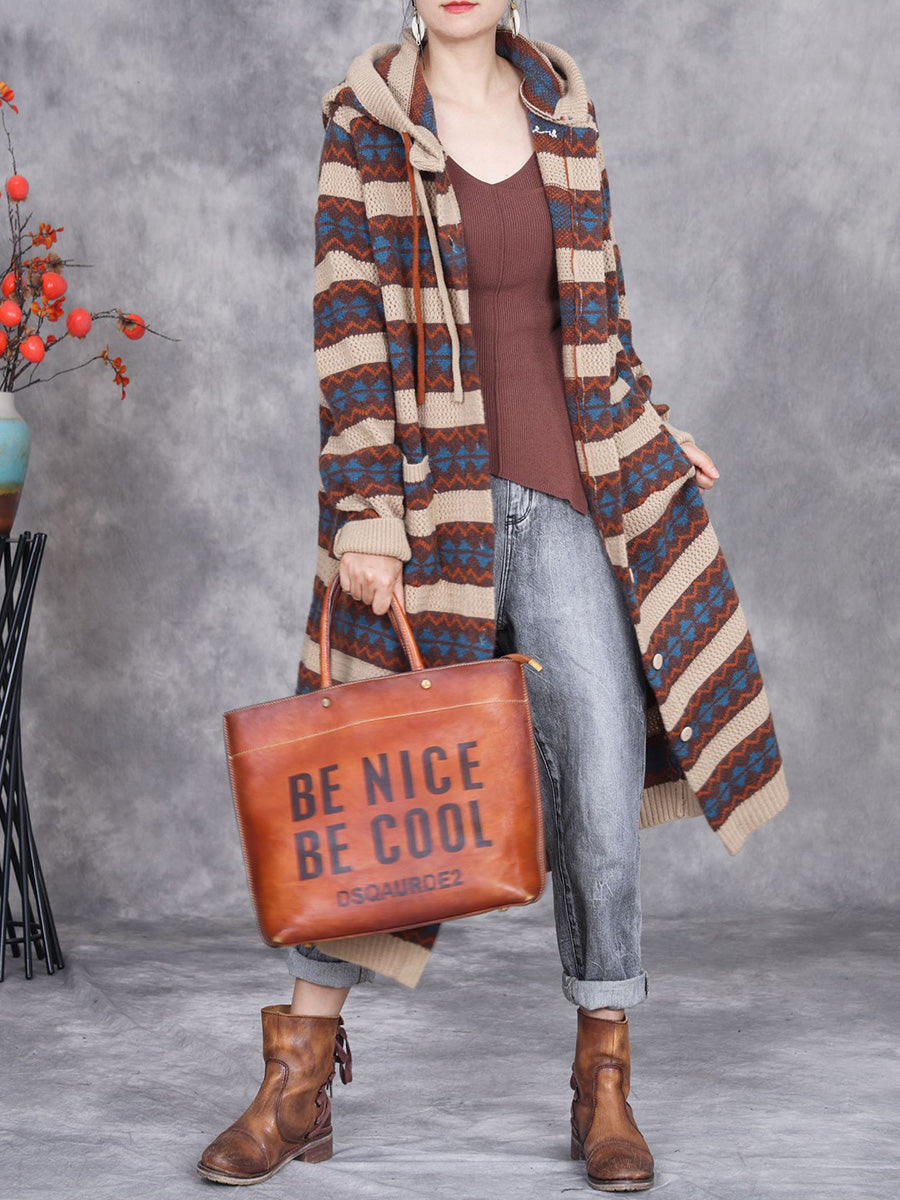 Women Autumn Artsy Stripe Knitted Hooded Cardigan Coat