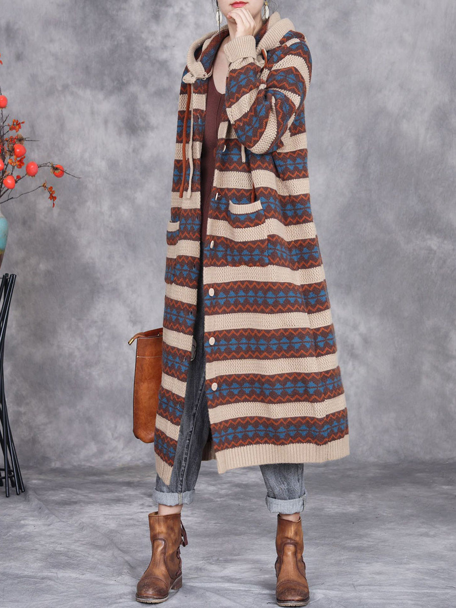 Women Autumn Artsy Stripe Knitted Hooded Cardigan Coat