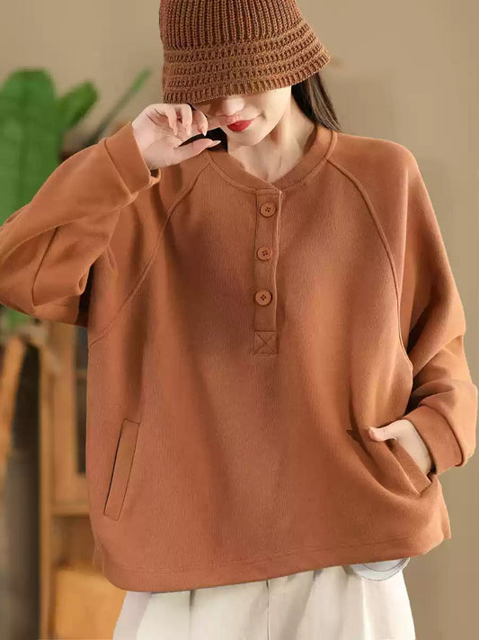 Women Autumn Pure Color Stand Collar Cotton Sweatshirt