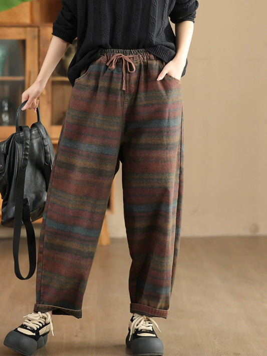 Women Autumn Retro Colorblock Stripe Denim Harem Pants