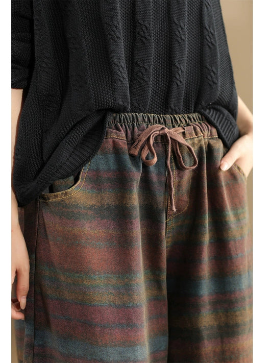 Women Autumn Retro Colorblock Stripe Denim Harem Pants