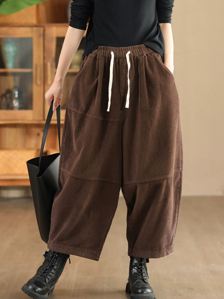 Women Autumn Retro Solid Corduroy Spliced Harem Pants