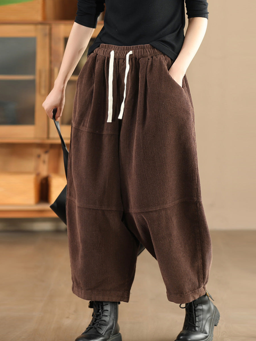 Women Autumn Retro Solid Corduroy Spliced Harem Pants