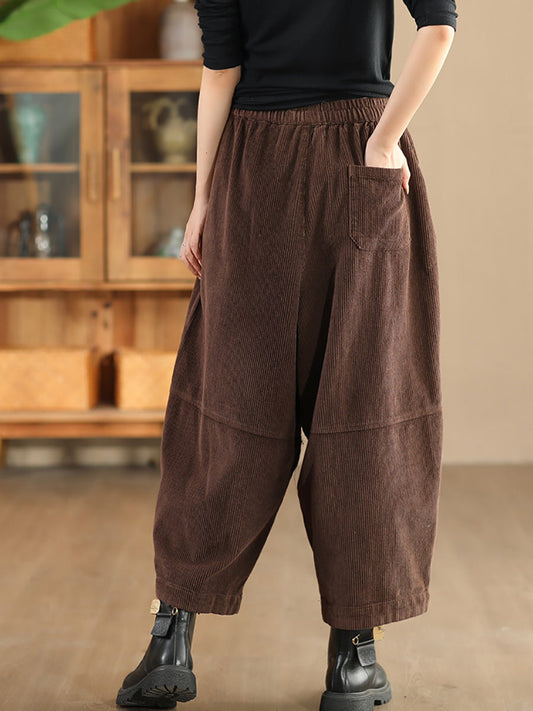 Women Autumn Retro Solid Corduroy Spliced Harem Pants