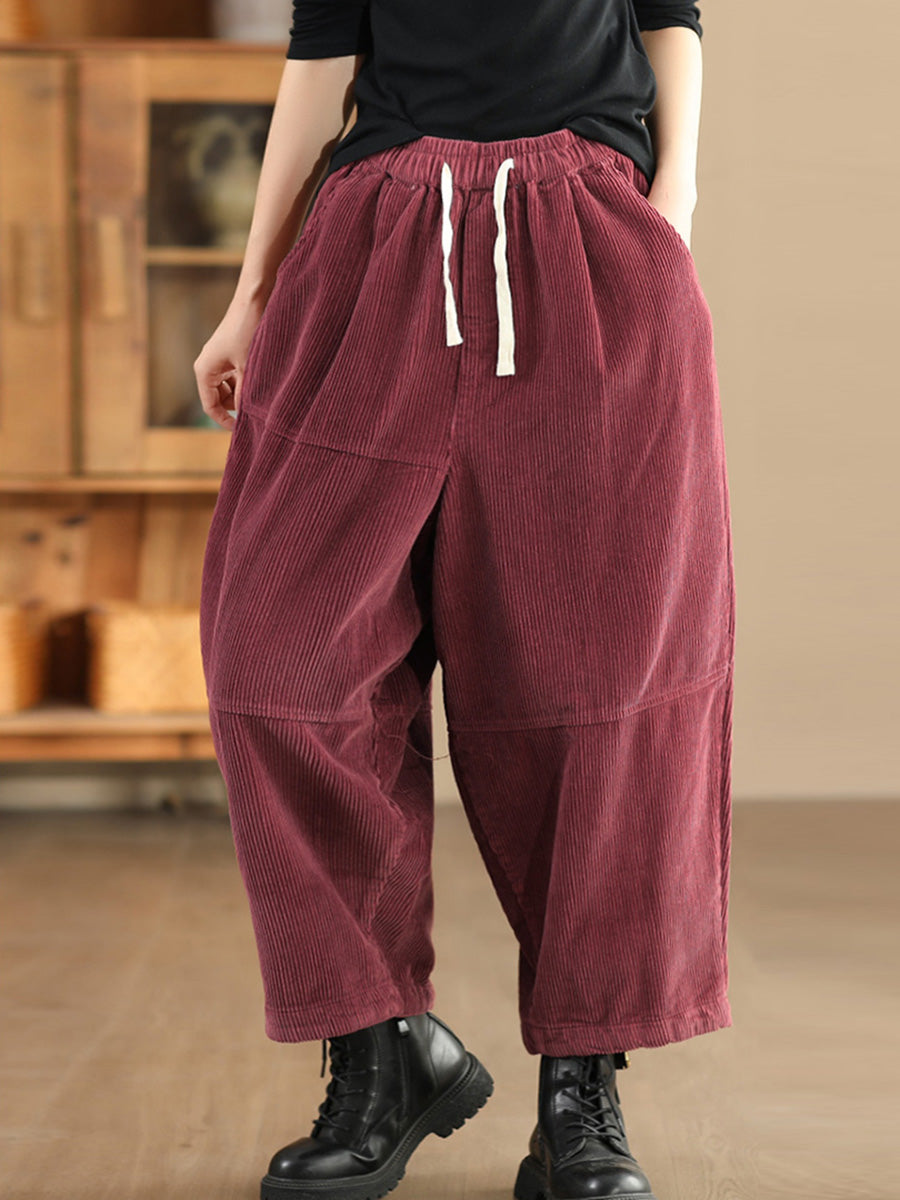 Women Autumn Retro Solid Corduroy Spliced Harem Pants