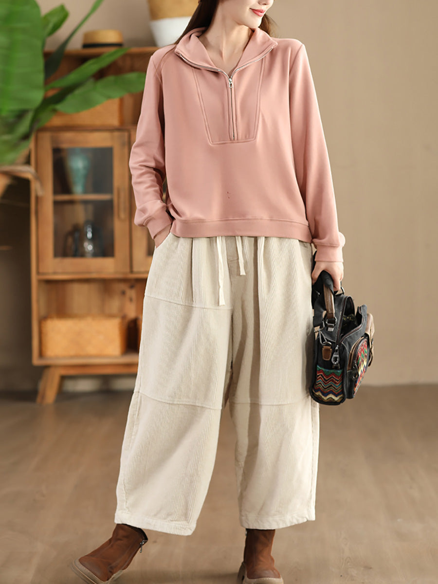 Women Autumn Retro Solid Corduroy Spliced Harem Pants