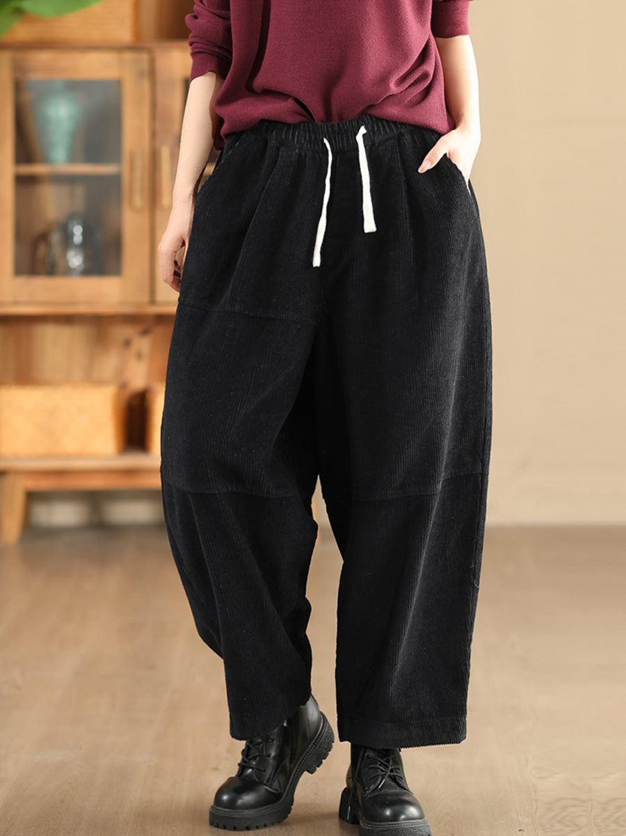 Women Autumn Retro Solid Corduroy Spliced Harem Pants