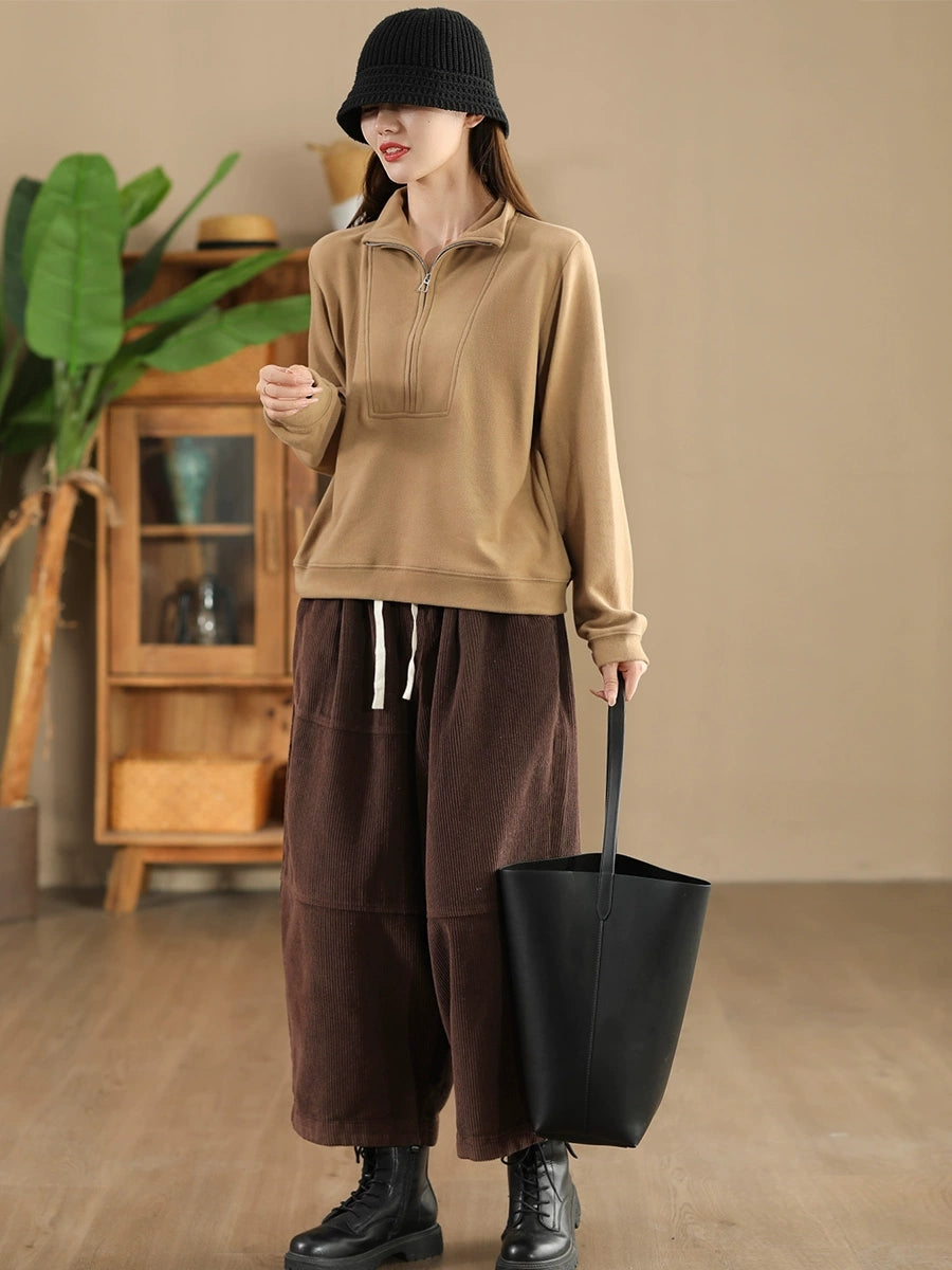 Women Autumn Retro Solid Corduroy Spliced Harem Pants