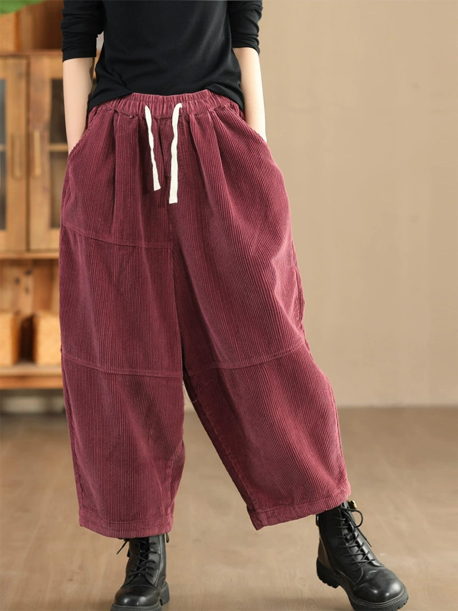 Women Autumn Retro Solid Corduroy Spliced Harem Pants