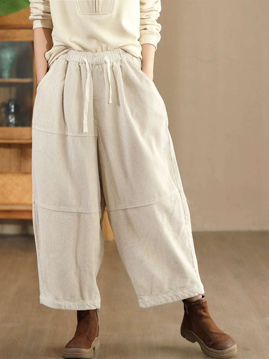 Women Autumn Retro Solid Corduroy Spliced Harem Pants