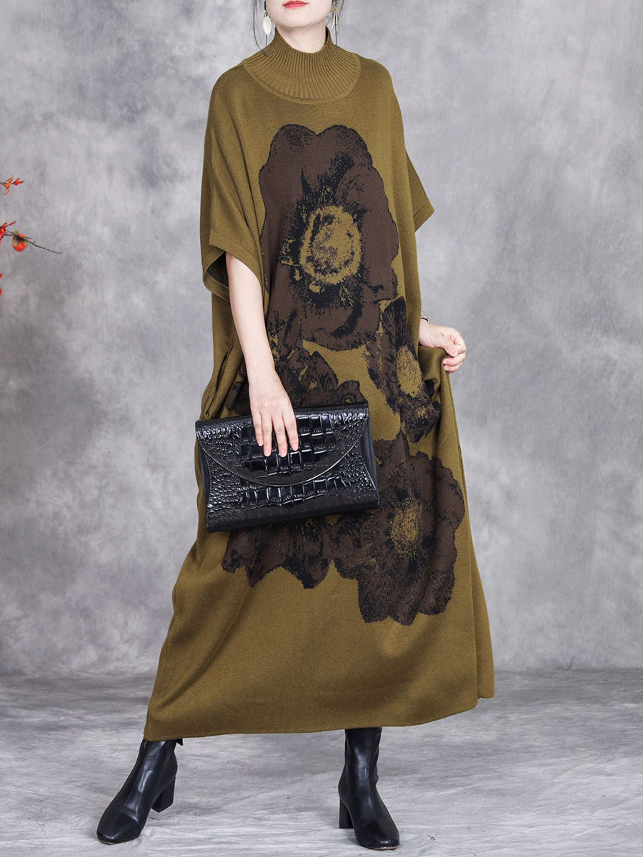 Women Autumn Flower Turtleneck Short Sleeve Knit Dress