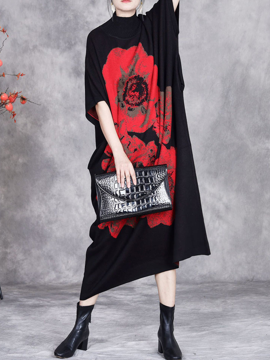 Women Autumn Flower Turtleneck Short Sleeve Knit Dress