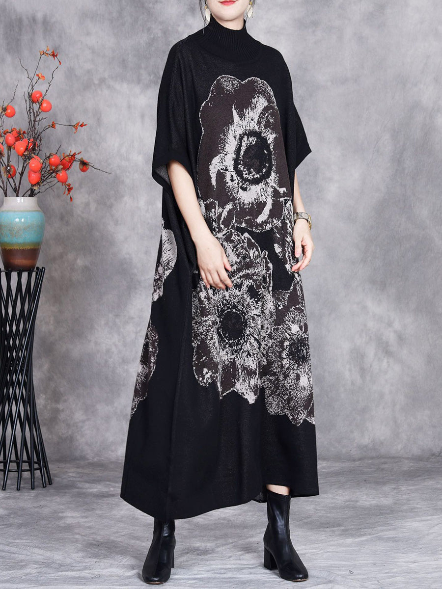 Women Autumn Flower Turtleneck Short Sleeve Knit Dress