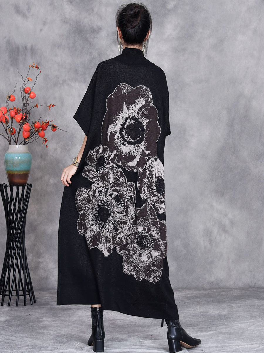 Women Autumn Flower Turtleneck Short Sleeve Knit Dress