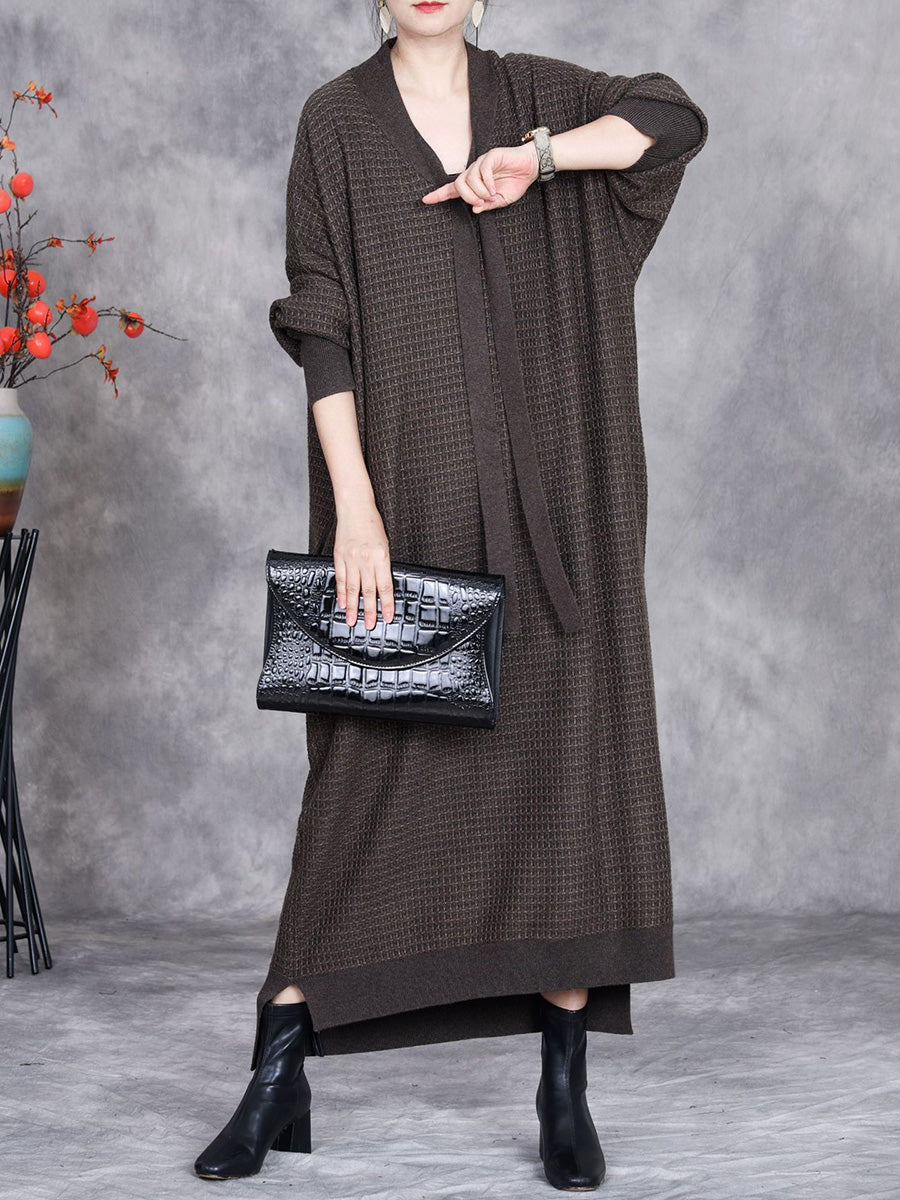 Women Autumn Artsy Cashmere Plaid Strap Knit Dress