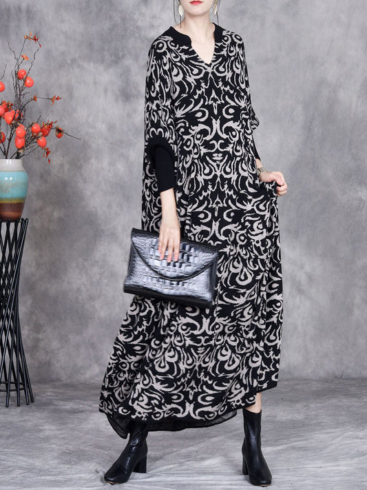 Women Autumn Artsy Flower Colorblock V-Neck Knit Dress