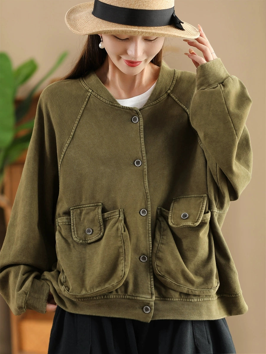 Women Retro Pure Color Stand Collar Pocket Cotton Coat