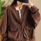 Women Retro Pure Color Stand Collar Pocket Cotton Coat