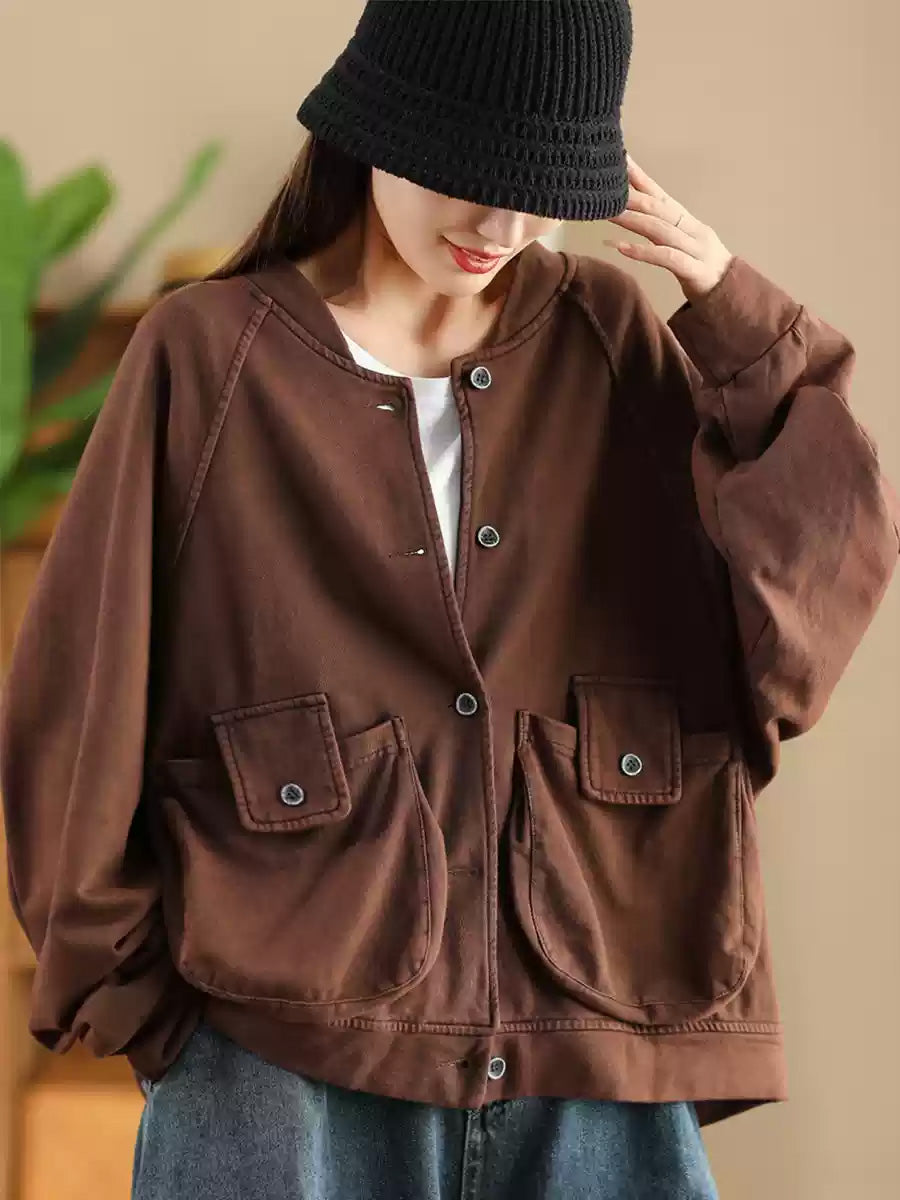 Women Retro Pure Color Stand Collar Pocket Cotton Coat