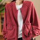 Women Retro Pure Color Stand Collar Pocket Cotton Coat