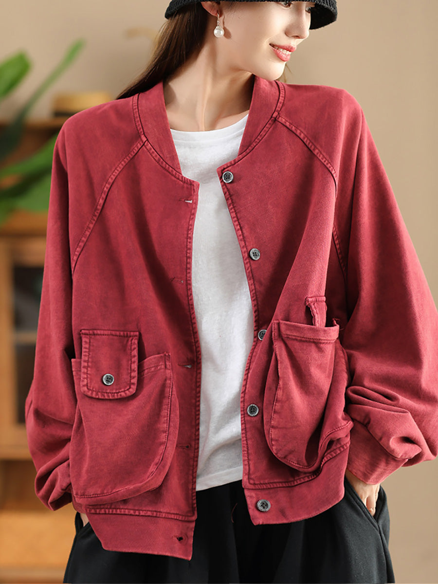 Women Retro Pure Color Stand Collar Pocket Cotton Coat