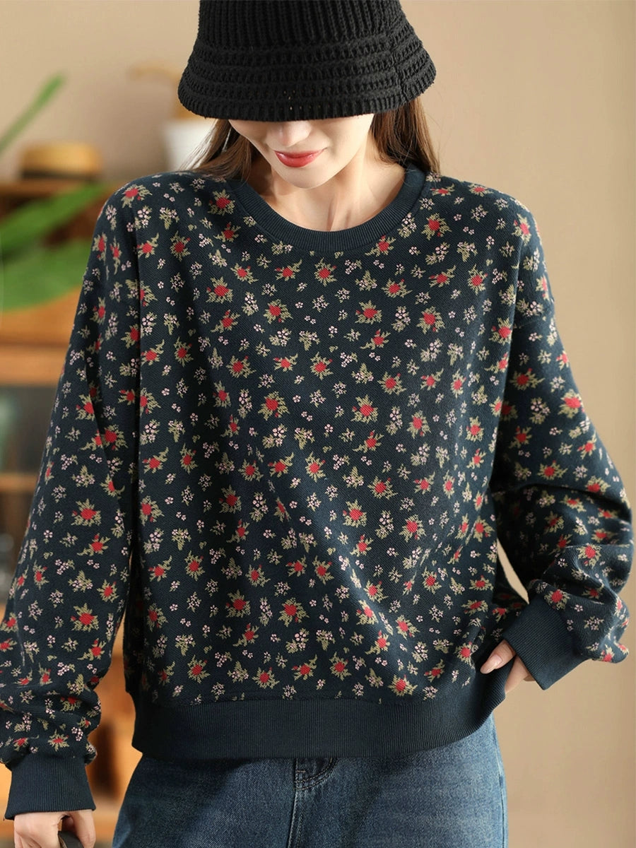 Women Autumn Floral Colorblock O-Neck Cotton Sweatshirt