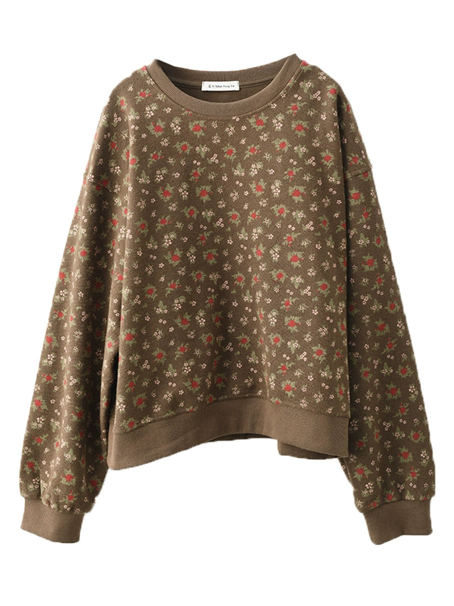 Women Autumn Floral Colorblock O-Neck Cotton Sweatshirt