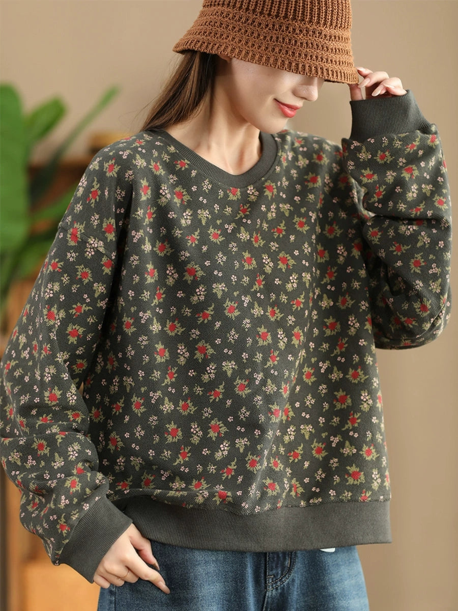 Women Autumn Floral Colorblock O-Neck Cotton Sweatshirt