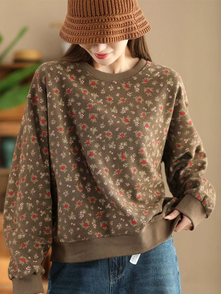 Women Autumn Floral Colorblock O-Neck Cotton Sweatshirt