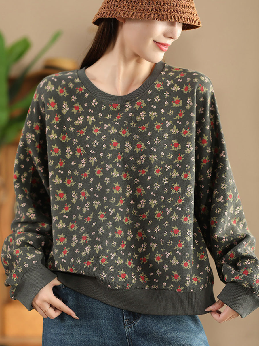 Women Autumn Floral Colorblock O-Neck Cotton Sweatshirt