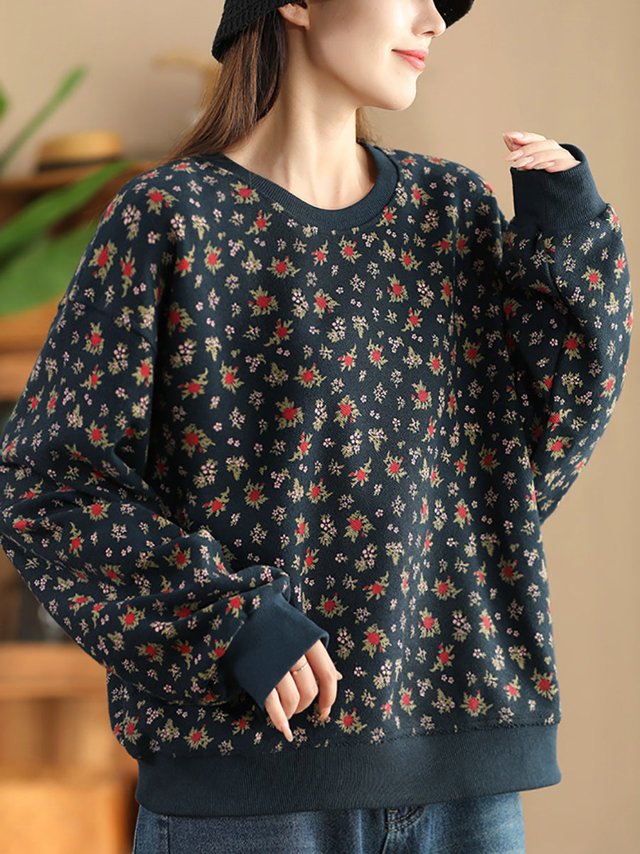 Women Autumn Floral Colorblock O-Neck Cotton Sweatshirt