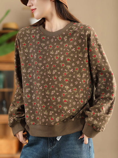 Women Autumn Floral Colorblock O-Neck Cotton Sweatshirt