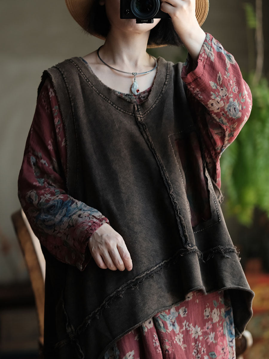 Women Autumn Patchwork Raw-edge V-Neck Cotton Vest