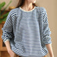 Women Casual Autumn Stripe O-Neck Cotton Blouse