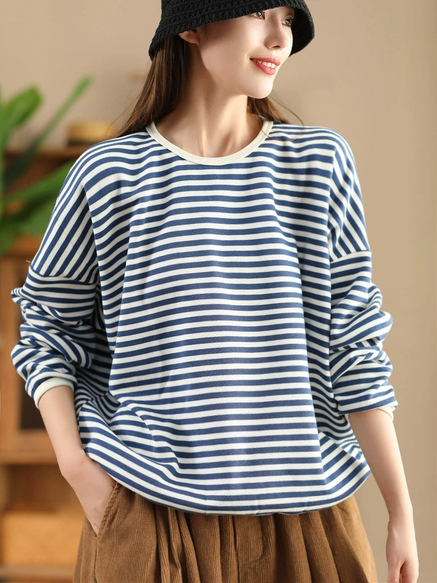 Women Casual Autumn Stripe O-Neck Cotton Blouse