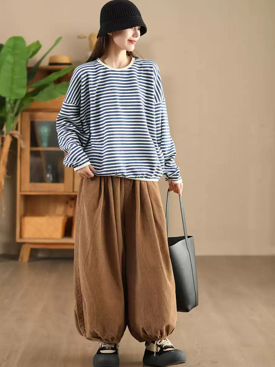 Women Casual Autumn Stripe O-Neck Cotton Blouse