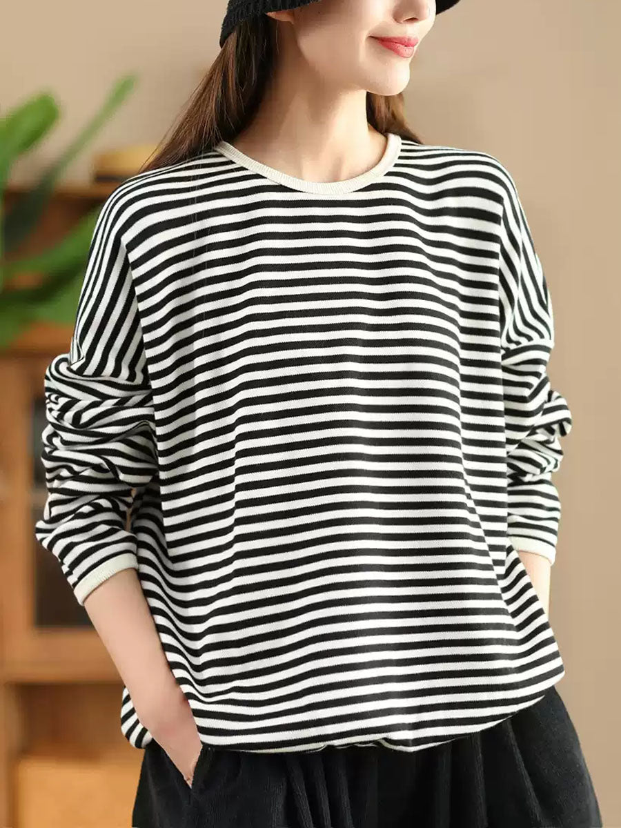 Women Casual Autumn Stripe O-Neck Cotton Blouse