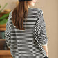 Women Casual Autumn Stripe O-Neck Cotton Blouse